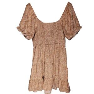 Blush Womens Tan Ditsy Floral Mini Dress Large Cottagecore Smocked Puff Sleeve